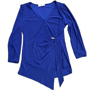 Business Casual Royal Blue Asymmetrical Wrap Top Ring Detail Long‎ Sleeve Size S